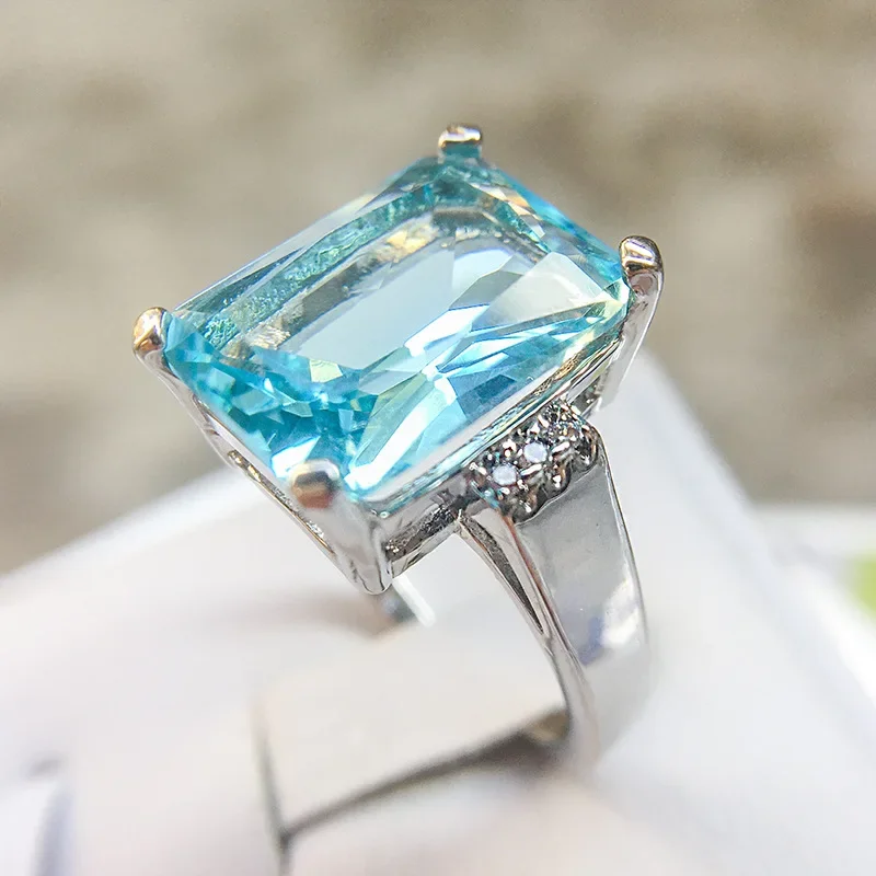 Solid 925 Sterling Silver Big Ocean Blue Cubic Zircon Stone Rings for Women Fashion Engagement Jewelry Valentines Day Gift