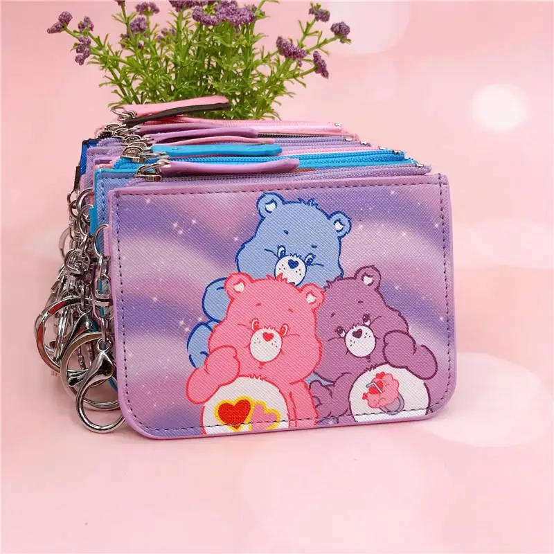 Kawaii Cute Care Bears Card Holder Zero Wallet Cartoon Pu Card Sleeve Chest Badge Cover Key Ring Student Bus Card Bag Girls Gift