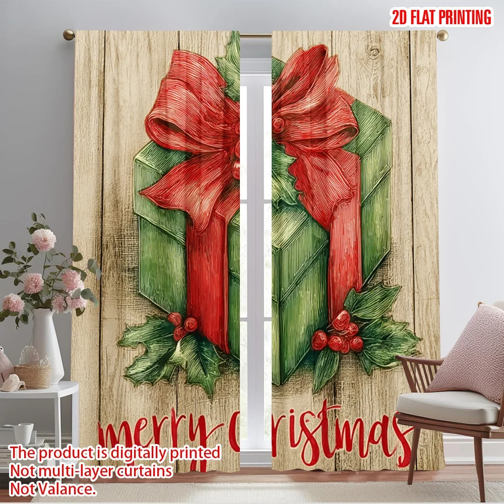 2pcs,2D plane printing Curtains Digital Printed Holly Berries & Gift Box Polyester Fabric (without rod) Festive for Bedroom