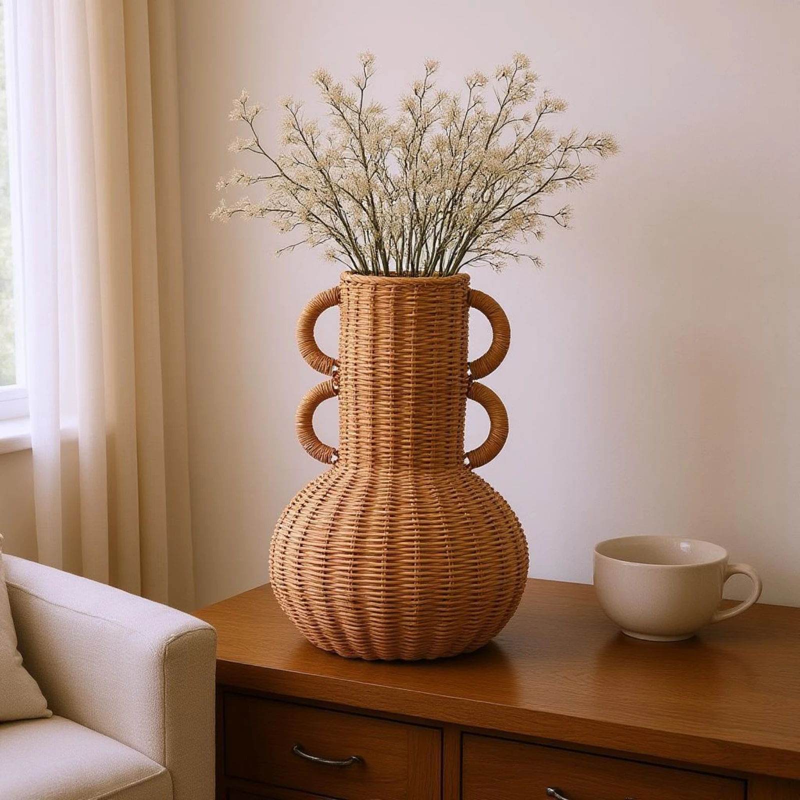 Braided Wicker Vase Handmade Wicker Flower Basket Woven Floor Vase Loop Handles Interior Decoration Uncovered Top