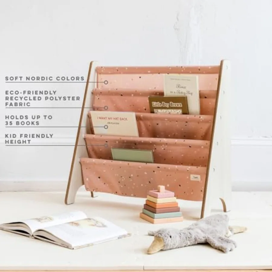 Recycled Fabric Bookshelf 4Tier Sling Book Rack Organizer for Nursery Room Playroom Classroom Wooden Book Shelves with KidFrien