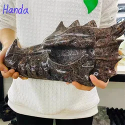 Large Flame Stone Dragon Head Skull Statue Animal Sculpture Craftsman Room Desk Gift Natural Gemstone Uberli Stone Carving