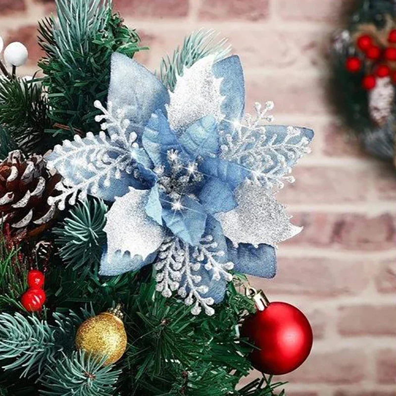 14.5cm Glitter Artifical Christmas Flowers Merry Christmas Tree Decoration Happy New Year Ornaments Xmas Fake Flowers Natal