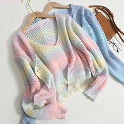 Women's Sweater Sets Korean Style Chic Rainbow Gradient Striped Spaghetti Strap Vest & V-Neck Knitting Cardigans Two Pieces