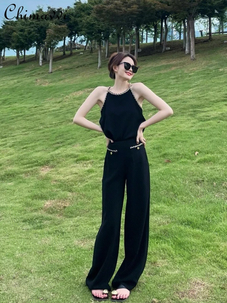 2024 Summer Elegant Black Sleeveless Off-Shoulder Strap Top Shirt High Waist Loose Wide Leg Pants Sets For Women Two-Piece Set