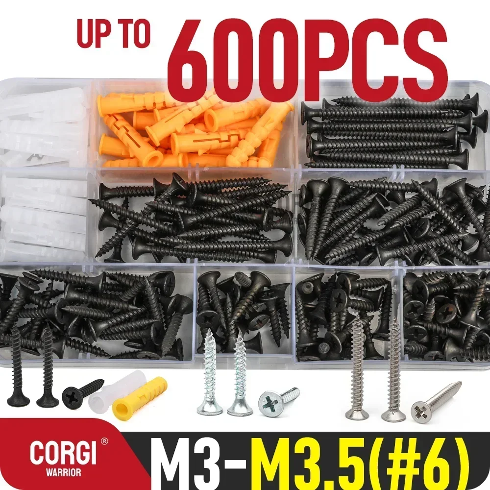 120-600 High Hardness #6 Drywall Screws Assortment Kit M3 M3.5 Phillips Black white Galvanized Iron Flat Self-Tapping Wood Screw