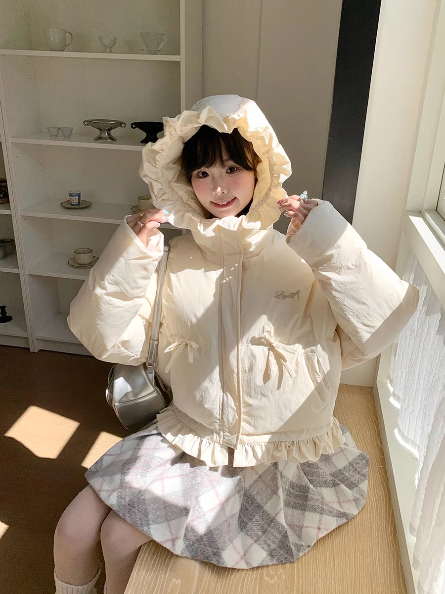 

Knot Lace ort down Cotton Jaet Women's Winter Small Size Coat Korean Sle Loose Fit Pure Color Padded Coat