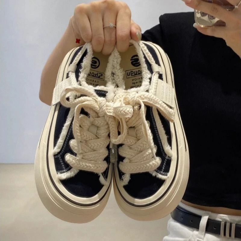 Vintage Frayed Edge Canvas Plimsolls For Women Braided Shoelaces Chunky Trainers Platform Gym Shoes Retro Casual Board Sneakers