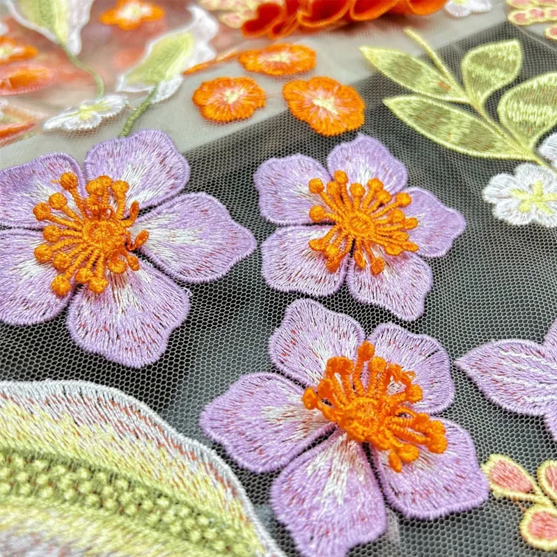 High-density yellow wind chime hand nail flower 3D Colorful Embroidery High-end Evening Wedding Dress Embroidered Fabric