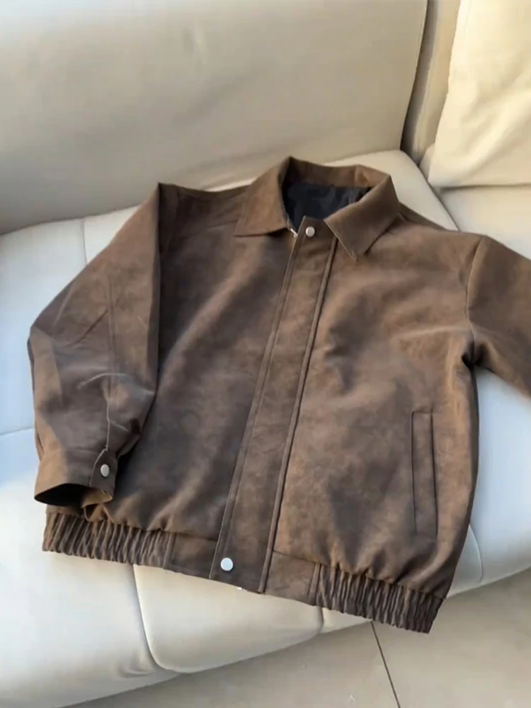 

Brown Leather Jaet Men's Spring Autumn American Retro Vintage Lapel PU Workwear Jaet Trendy Brand Loose Fit Youth ular