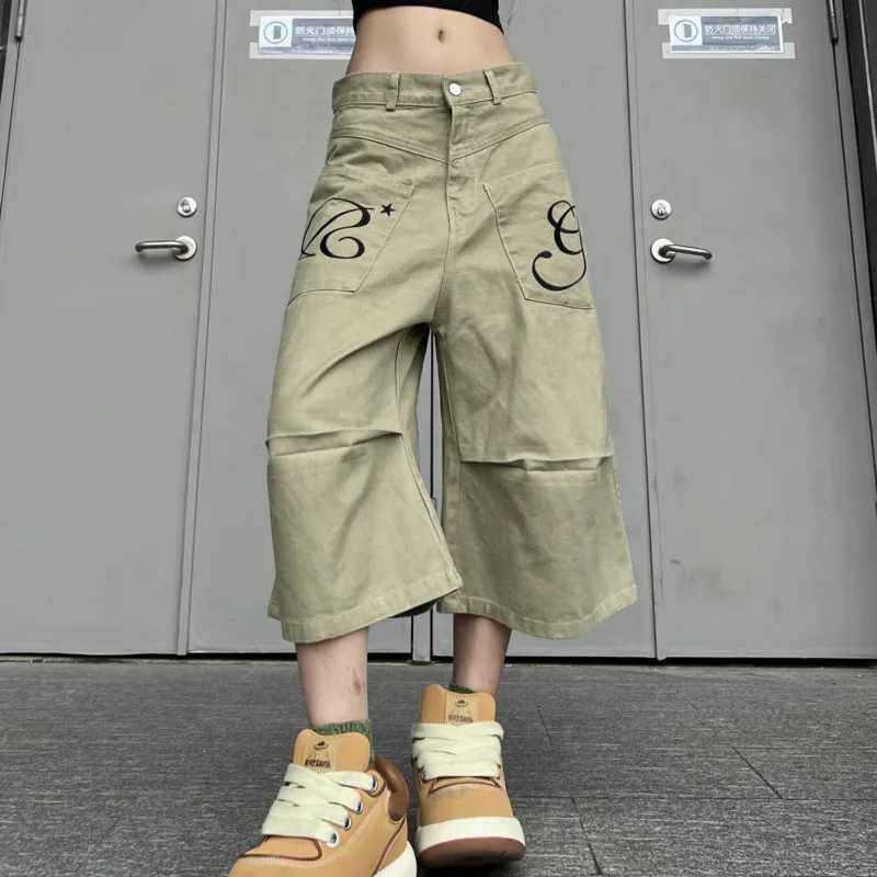 ANJY Spring Summer New Women American Retro Embroidered Safari Style Calf-Length Pants Trend Loose Wide-leg Casual Shorts A22474