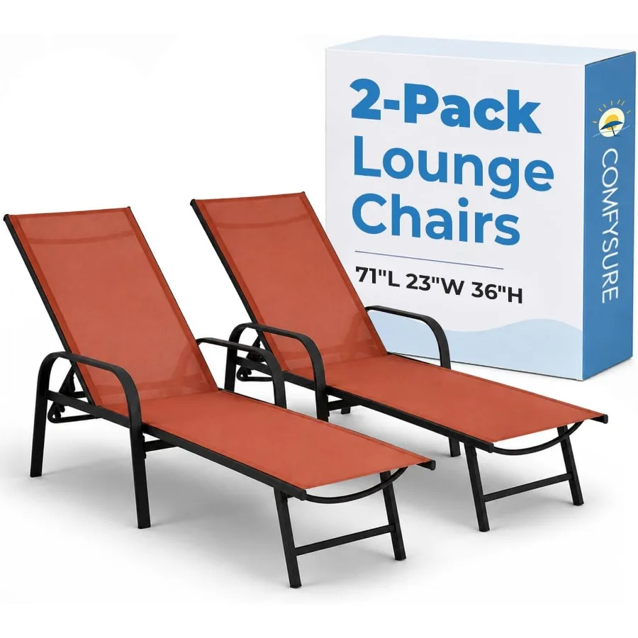 Metal Outdoor Lounge Chairs, Set of 2 with Armrests 5-Position Adjustable Recline, Weather-Resistant Anti-Rust Finish Patio, De