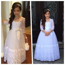 Kids Flower Girls Dresses 3/4 Sleeves Appliques Floor Length Fit Wedding Prom Gowns Birthday First Communion Dress