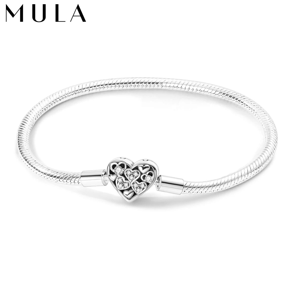 MULA 1PC Silver-plated Heart -Shape Open Clasp Snake Chain Charm Bracelet Fit Charms Bead DIY Women Jewelry Gift