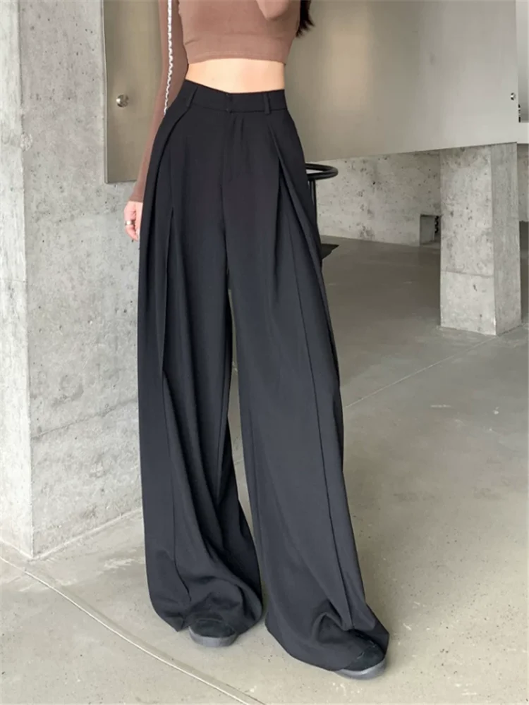 Lazy Style Black Suit Pants Women Spring Coffee High Waist Drooping Wide-leg Straight Casual Pants Y2k Girl Loose Flat Trousers