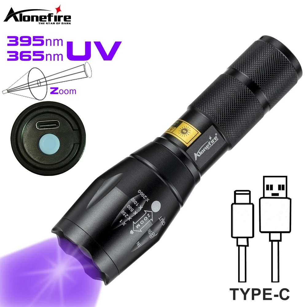 Zoom 365/395nm UV Flashlight Usb Rechargeable Bright Ultraviolet Cat Dog Pet Scorpion Money Ore Leakage fluorescence Check Light