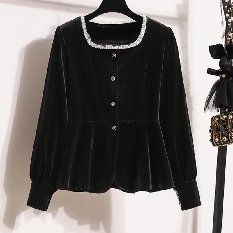 

Velvet Shirts&blouses Women Tops Autumn Winter Korean Fashion Blusas Mujer Vintage Elegant Ruffles Sweet Camisas