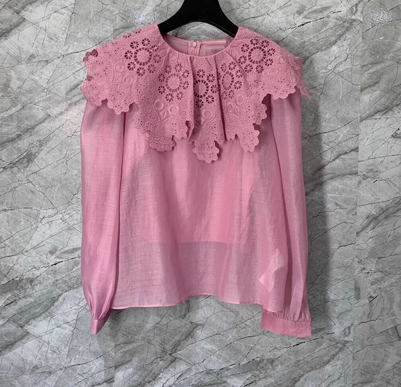 

Newest Fashion Designer Blouse Shirt 2024 Spring Summer Pink Beige Blouses Women Hollow Out Embroidery Deco Long Sleeve Blouse