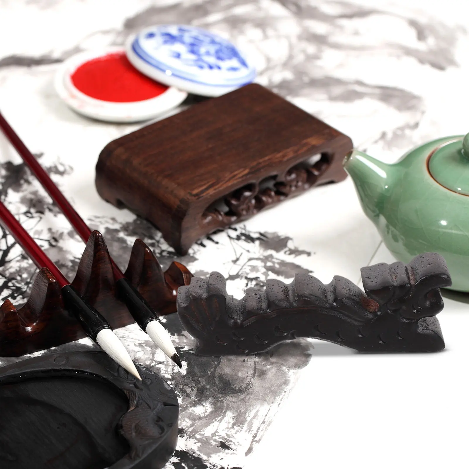 Black Wood Dragon Shape Chinese Calligraphy Brush Holder Paintbrush Stand Artist Watercolor Brush Rest Desk Decoration