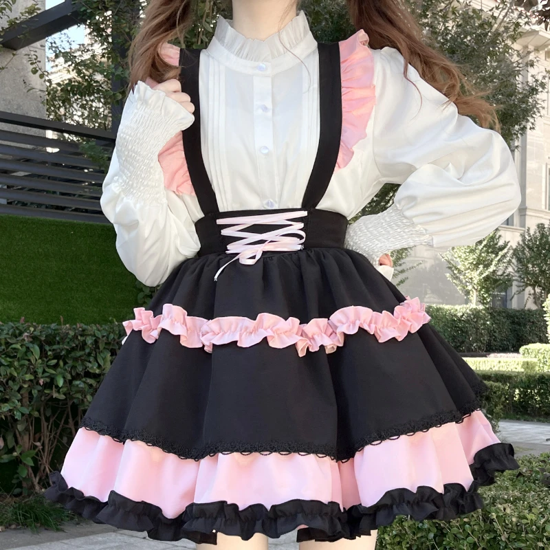 Japanese Kawaii Lolita Suspender Skirt Women Gothic Sweet Ruffles High Waist Bandage Skirts Girls Harajuku Y2k Mini Strap Skirt