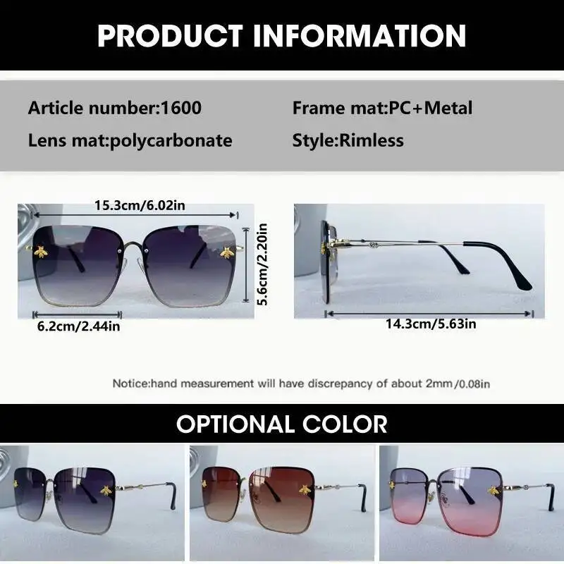 OCYCO 2026 New Fashion Lady Oversize Rimless Square Bee Sunglasses Women Men Small Glasses Gradient Sun Glasses Female UV400