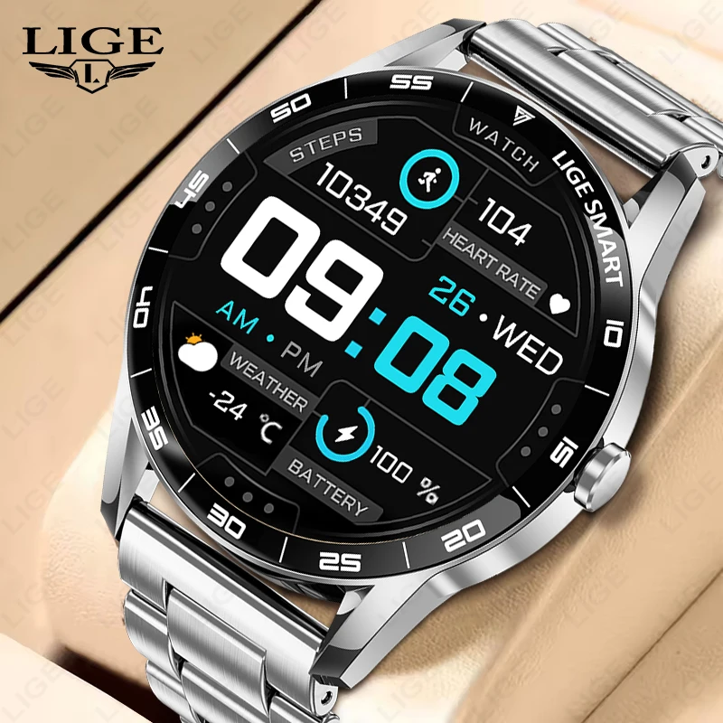 LIGE Nowy Smartwatch Męski ze Stali 1,38 cala Połączenia Bluetooth Zegarki Biznesowe Męskie Monitorowanie Aktywności Fitness Sportowy Pomiar Tętna Zdrowotny Smartwatch