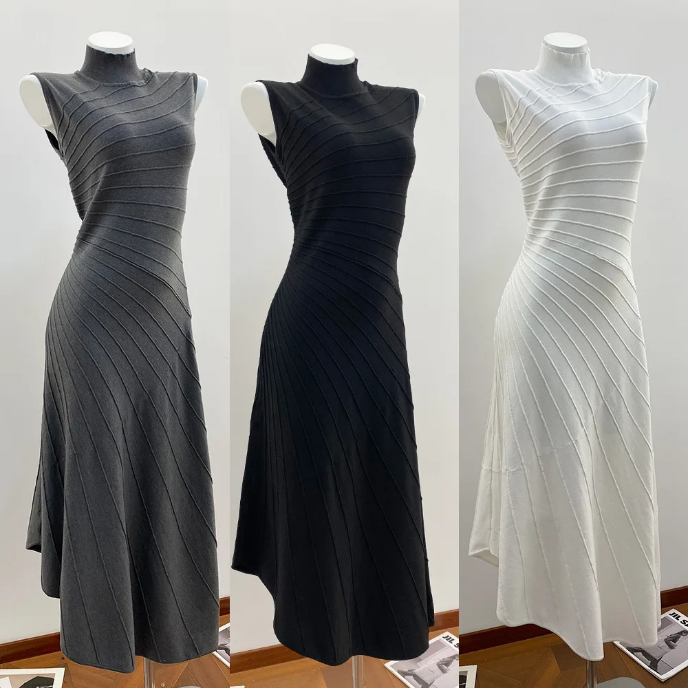 

CHUJIE High-end Paris Fashion 2026 Spring Autumn New French Niche Simple Accordion Ribbed Irregular Knitted Sleeveless Dress