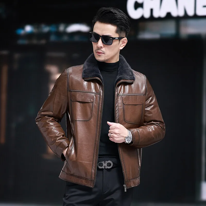 2025 new arrival winter natural mink fur liner sheepskin Genuine leather jackets men , ZH28016