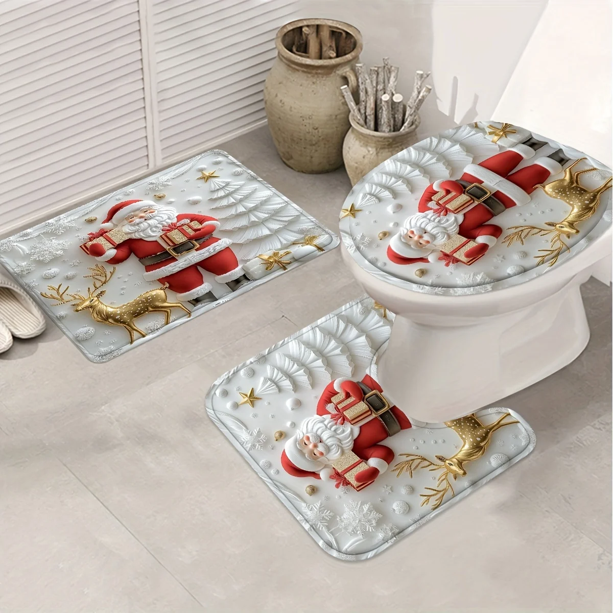 4PCS Christmas Winter Shower Set, Santa & Reindeer Print, 12 Hooks, Toilet Seat Cover, Non-Slip Mat, Holiday Gift