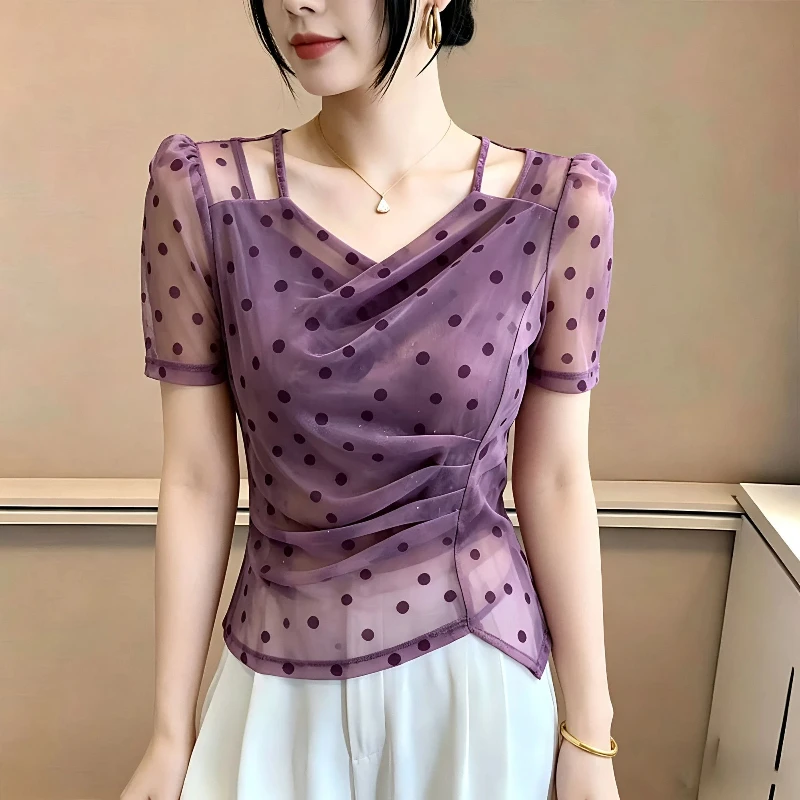 Elegant Women's Polka Dot Puff Sleeve V Neck Sheer Top With Asymmetrical Design For Office And Casual Wear