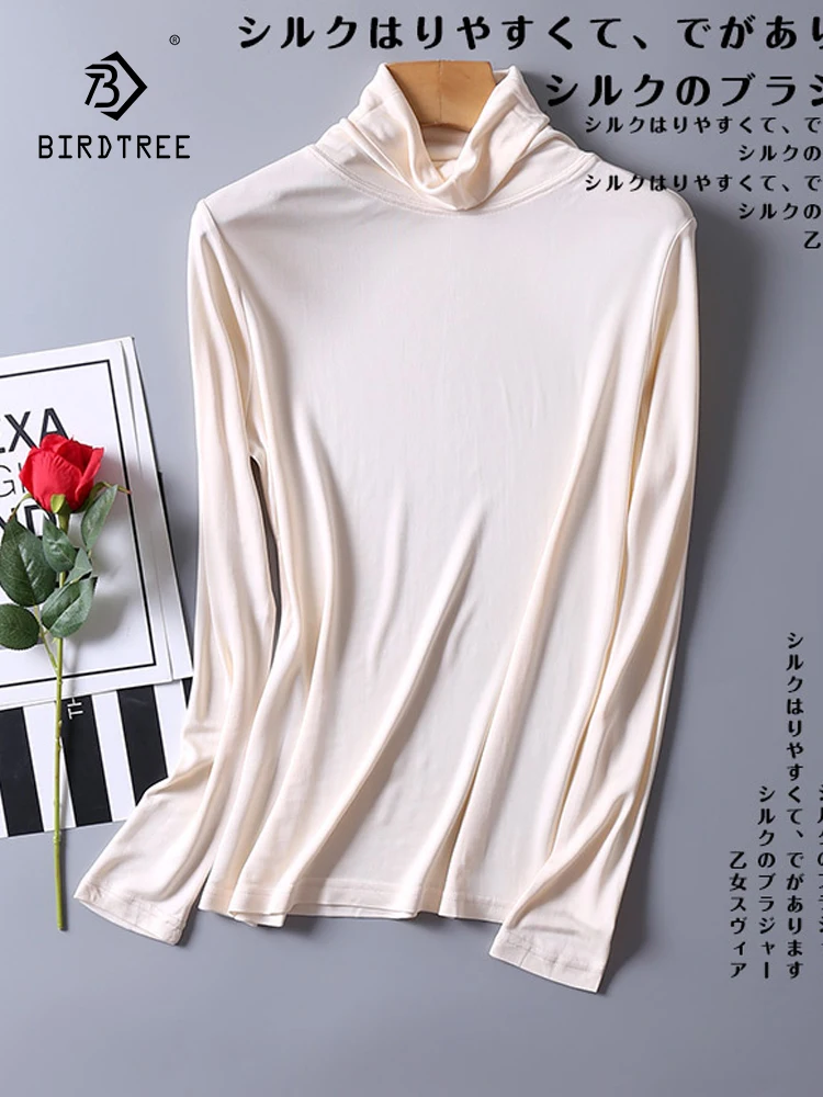 

Birdtree 30%Real Mulberry Silk 70% Viscose Women Tshirt Turtleneck Full Sleeve Thermal Bottoming Shirt Fall Winter P36078QC