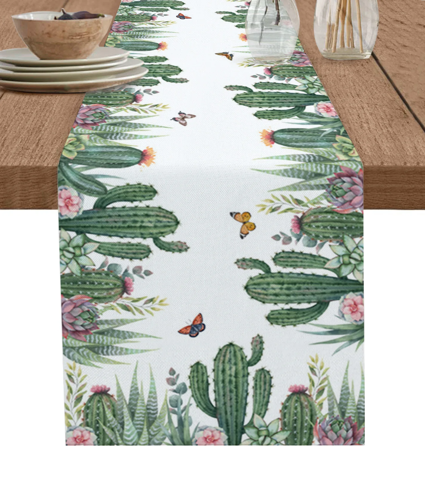 

Ins Style Cactus Tropical Plants Linen Table Runners Kitchen Table Decoration Dining Table Runner Wedding Party Supplies