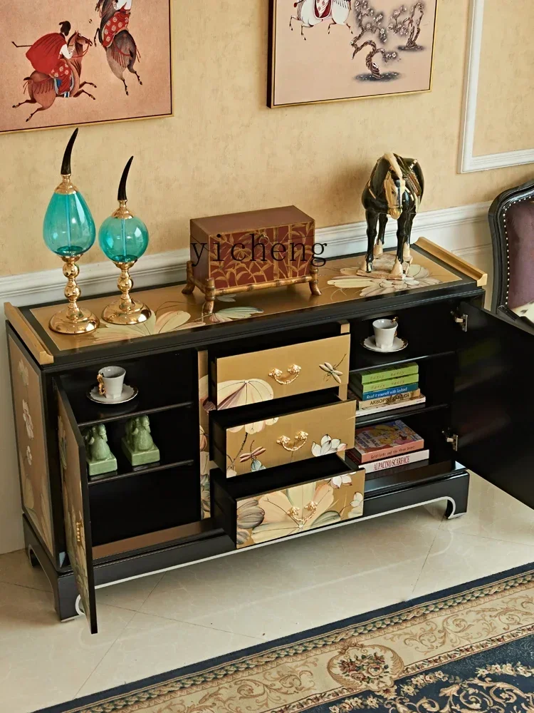 b217gold foil painted lotus flower new Chinese grid living room entrance decorative storage shoe cabinet