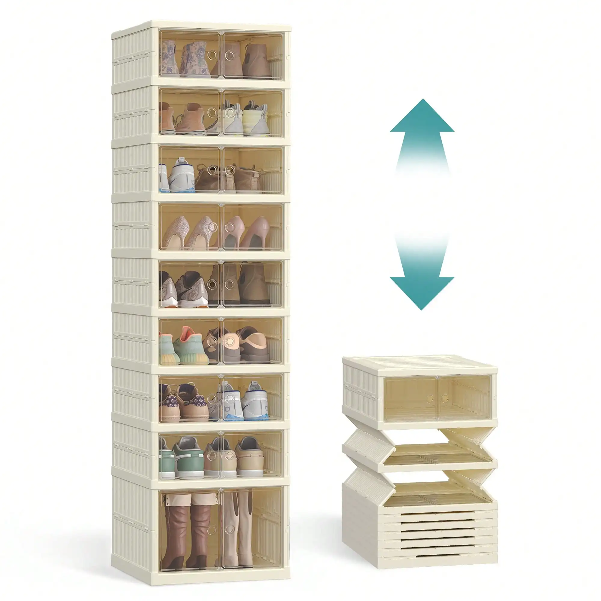 SONGMICS Foldble Shoe Storage Organizer For Closet, Stackable Sneaker Cabinet With Magnetic Door, Large Plastic Container Bins For Living Room, Entryway, 9-Tier For 18 Pairs