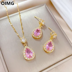 OIMG 316L Stainless Steel Jewelry Sets for Women Luxury Full Rhinestone Water Drop Pendant Necklaces Earrings Set For Wedding