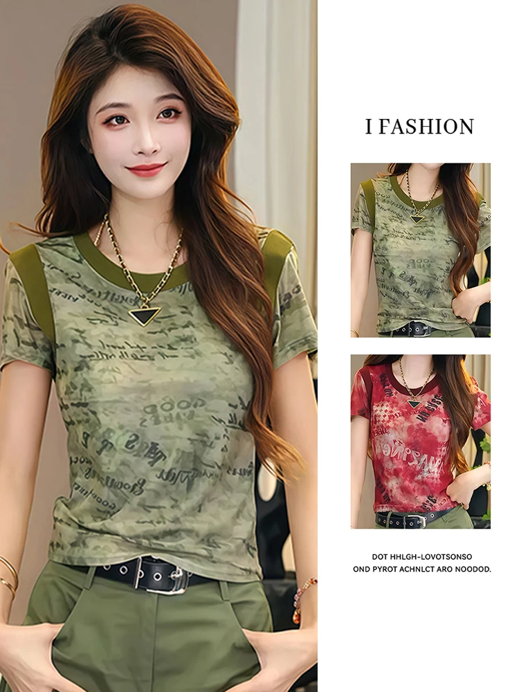 Ele round Ne ort Sve T-irt レディース Sle 2026 夏新作 ular スリミング プリント トップス 韓国 Sle 通勤