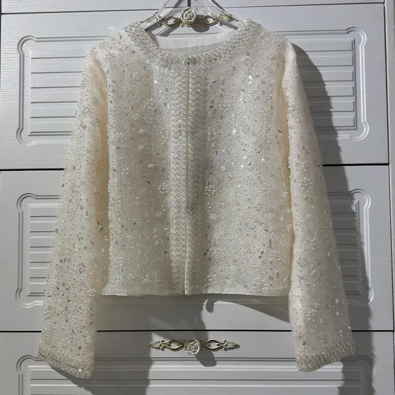 

Chic Top Sequined Beaded Pearl Long-sleeved Cardigan Coat For Women's Heavy Industry Pink Color O-neck Slim-fitting Short Jacket