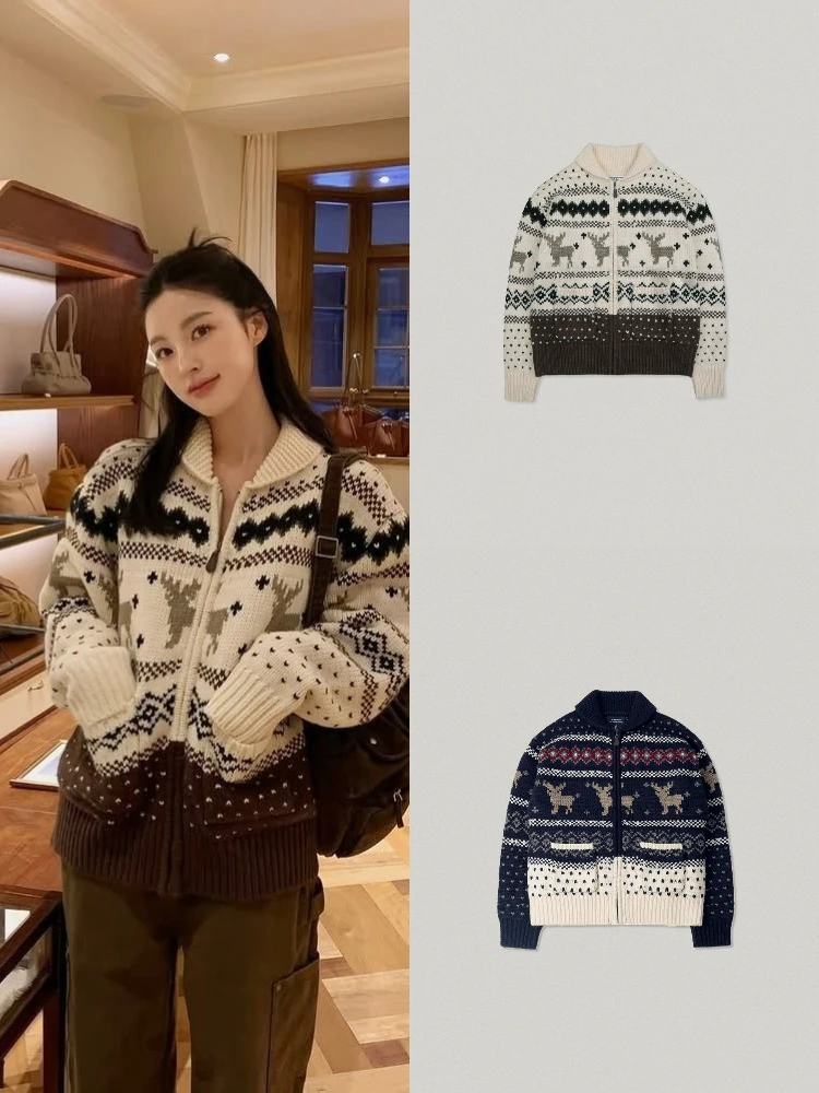 

Вязаный свитер на молнии, женское свободное пальто с узором оленя, повседневная модная теплая длинная верхняя одежда све