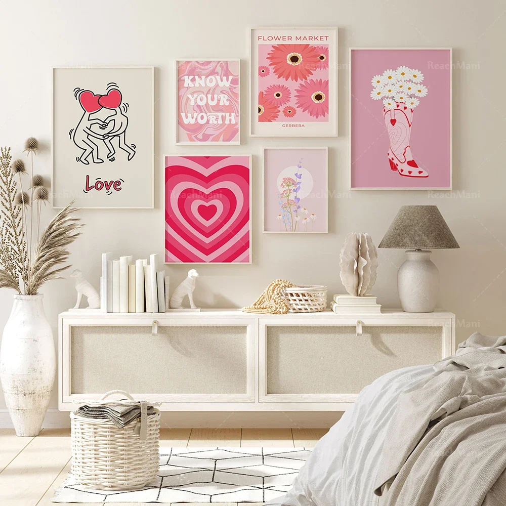 Colorful boho print, retro peace sign, fiery heart, inspirational quote, pink aesthetic avant-garde decorative canvas poster