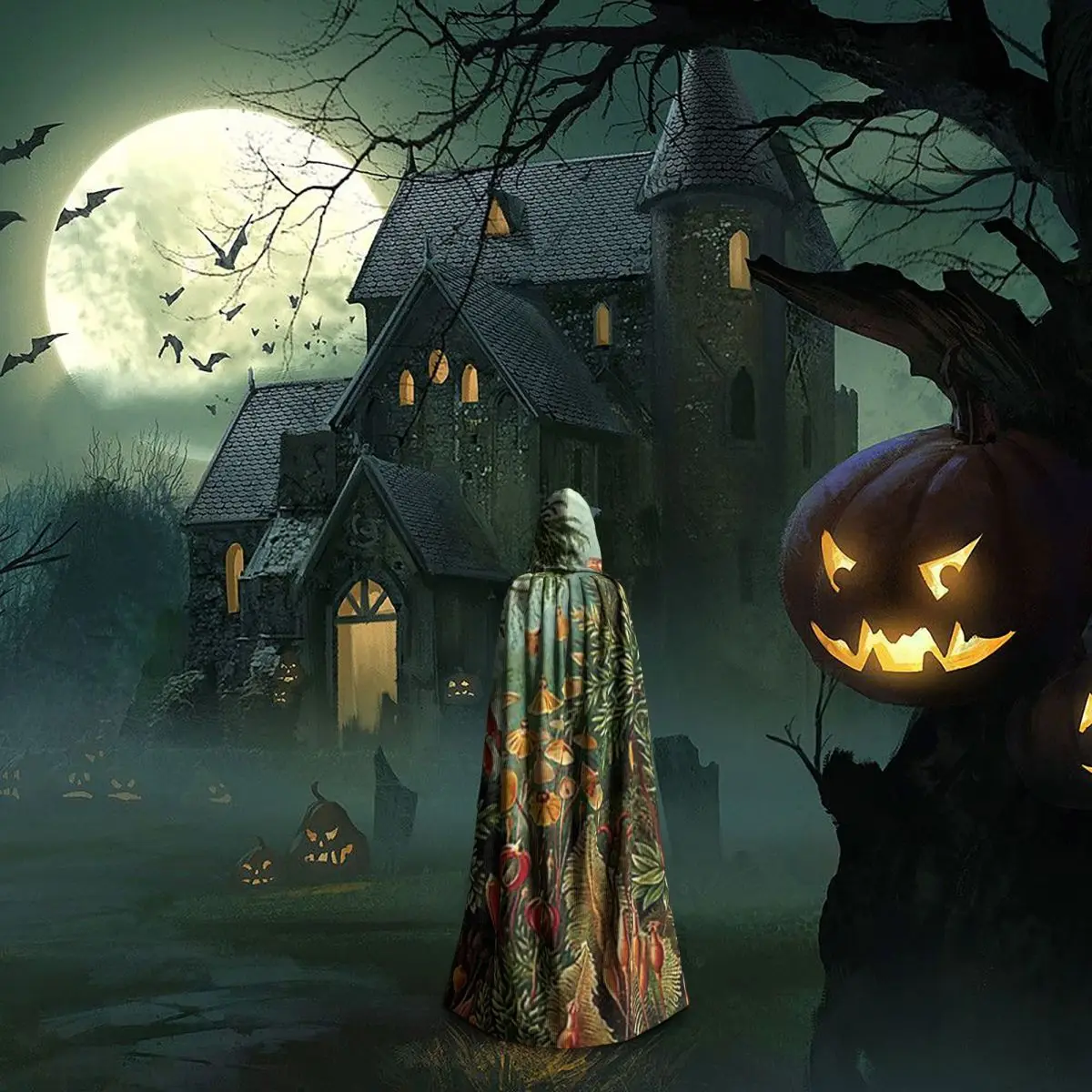 Plantas decorativas natureza pintura longa capa com capuz bruxa traje medieval cosplay capa halloweencoat adulto unisex