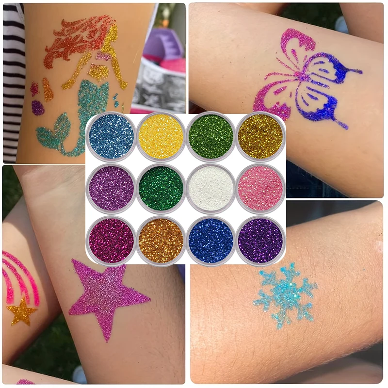 4pcs DIY Flash Tattoo 12 Colors of Glitter,Includes Multiple Tattoo Templates Glue Brushes Set,DIY Glitter Cartoon Sticker Tatto