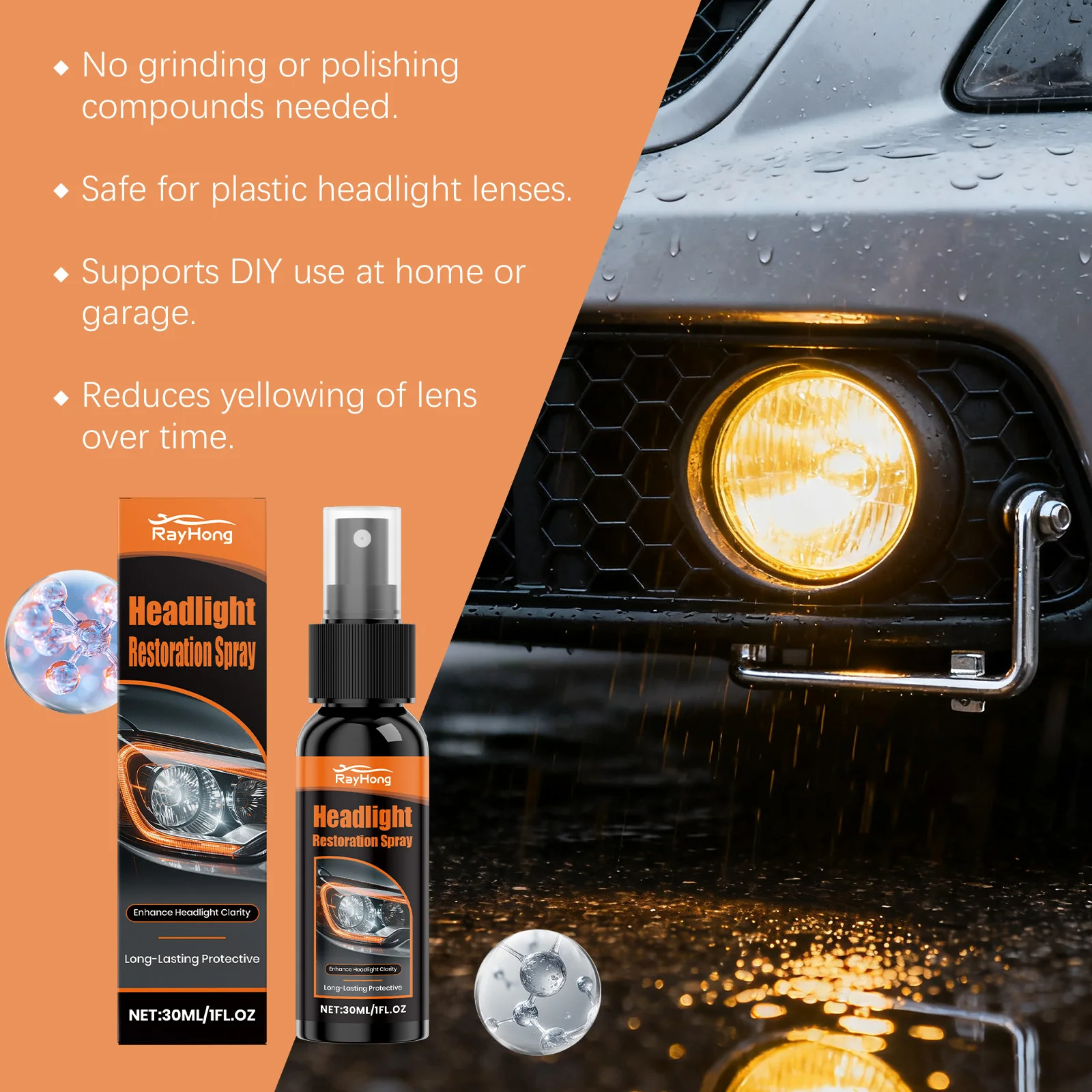 30ml Headlight Restoration Spray Coating Improves Clarity and Light Output for Plastic Headlamp Lenses Car Maintenance Tools view 2