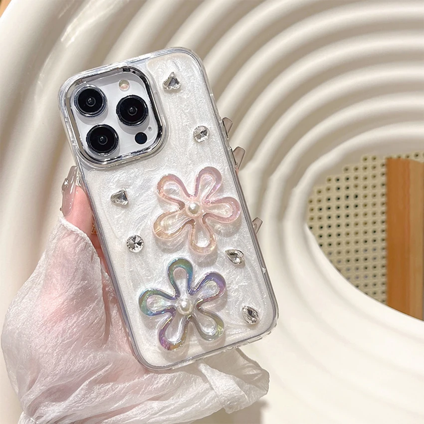 حافظة هاتف مصنوعة يدويًا من الزهور المجوفة لهاتف آيفون 17 16 15 14 13 Pro 12 11 Max 16 Pro Max حافظة هاتف ماسية فلاش غطاء فريد من نوعه