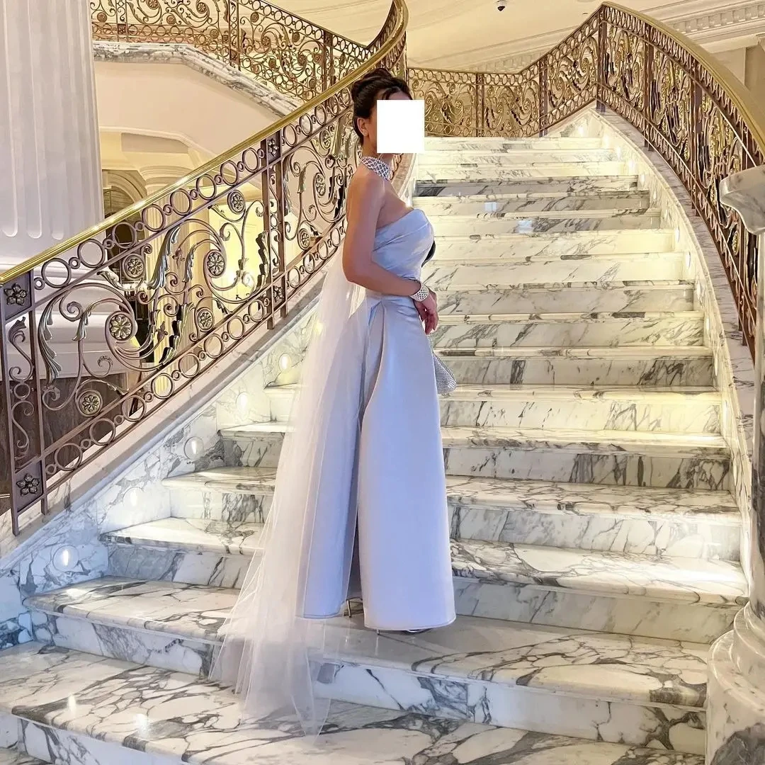 Saudi Arabia Evening Dresses Strapless A Line Prom Gown Beaded Wraps Ruched Floor Length Wedding Party Gowns فساتين مناسبة رسمية