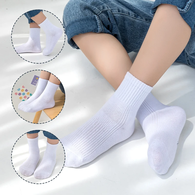 5 Pairs Child Middle Tube Socks For Baby Solid Color In White Black Gray Streetwear Harajuku Fashion Breathable and Casual Socks