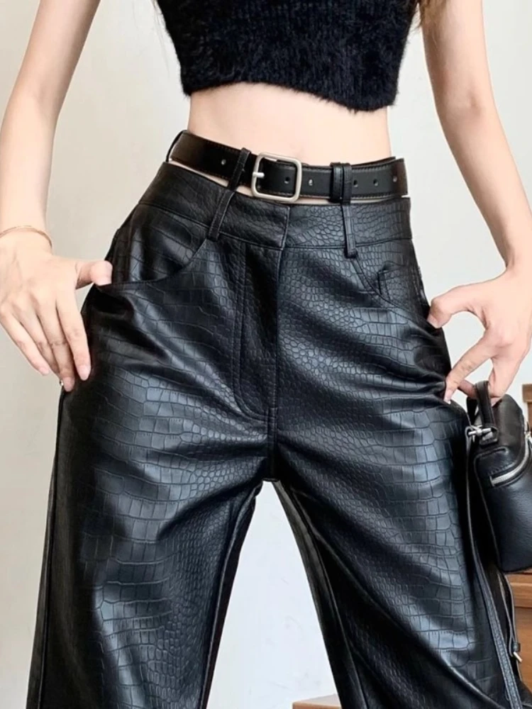 

Черные кожаные брюки, женские осенне-зимние повседневные брюки из искусственной кожи с высокой талией в стиле ретро, модная уличная верхняя одежда Y2k, широкие брюки, новинка 2023 года