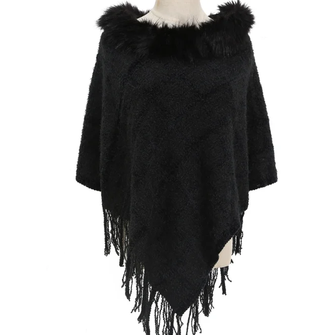Chenille Wool Collar Cloak Hot Selling Plaid Knitted Shawl Autumn Winter Warm Large Pullover Female Girl Sweater Coat Black