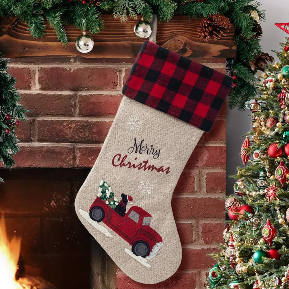 Burlap Christmas Stockings 18 Inch Embroidered Linen with Red and Black Buffalo Plaid Cuff for Gift Holders Holiday Decorations