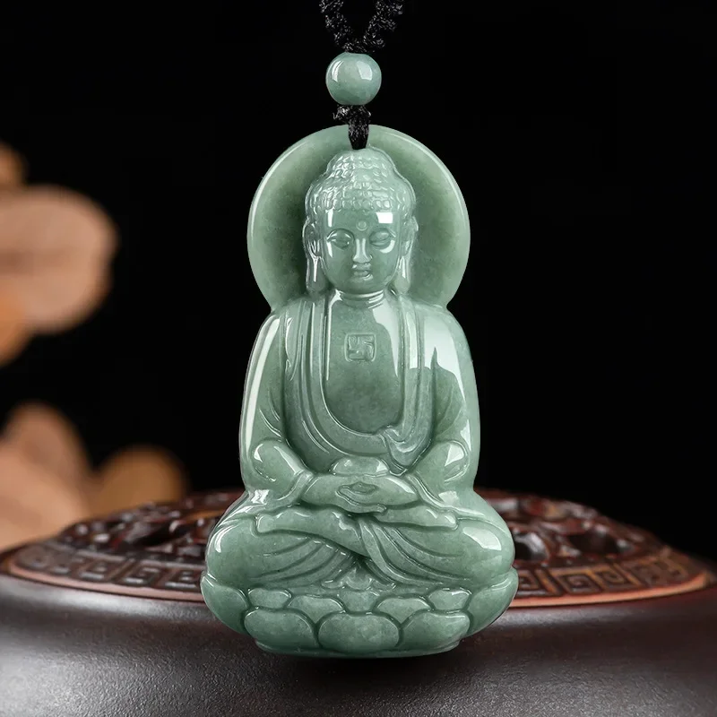 

JiaLe/Hand-Carved/Jade BeanGreen Tathagata Buddha Emerald Necklace Pendant Fine Jewelry MenWomen Accessories Couples Amulet Gift