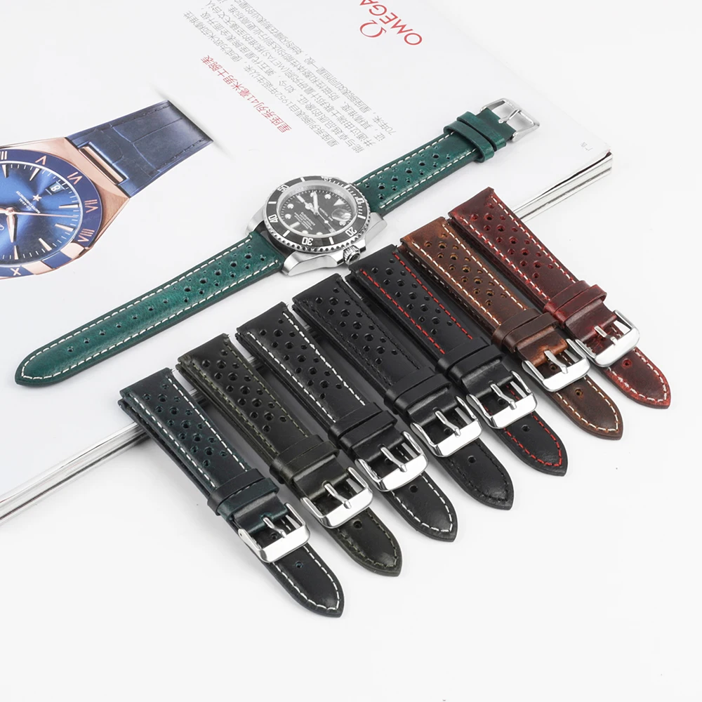 Vintage Oil Wax Genuine Leather Discoloration Watchband Black 18mm 19mm 20mm 21mm 22mm 24mm Quick Release Porous Watch Strap
